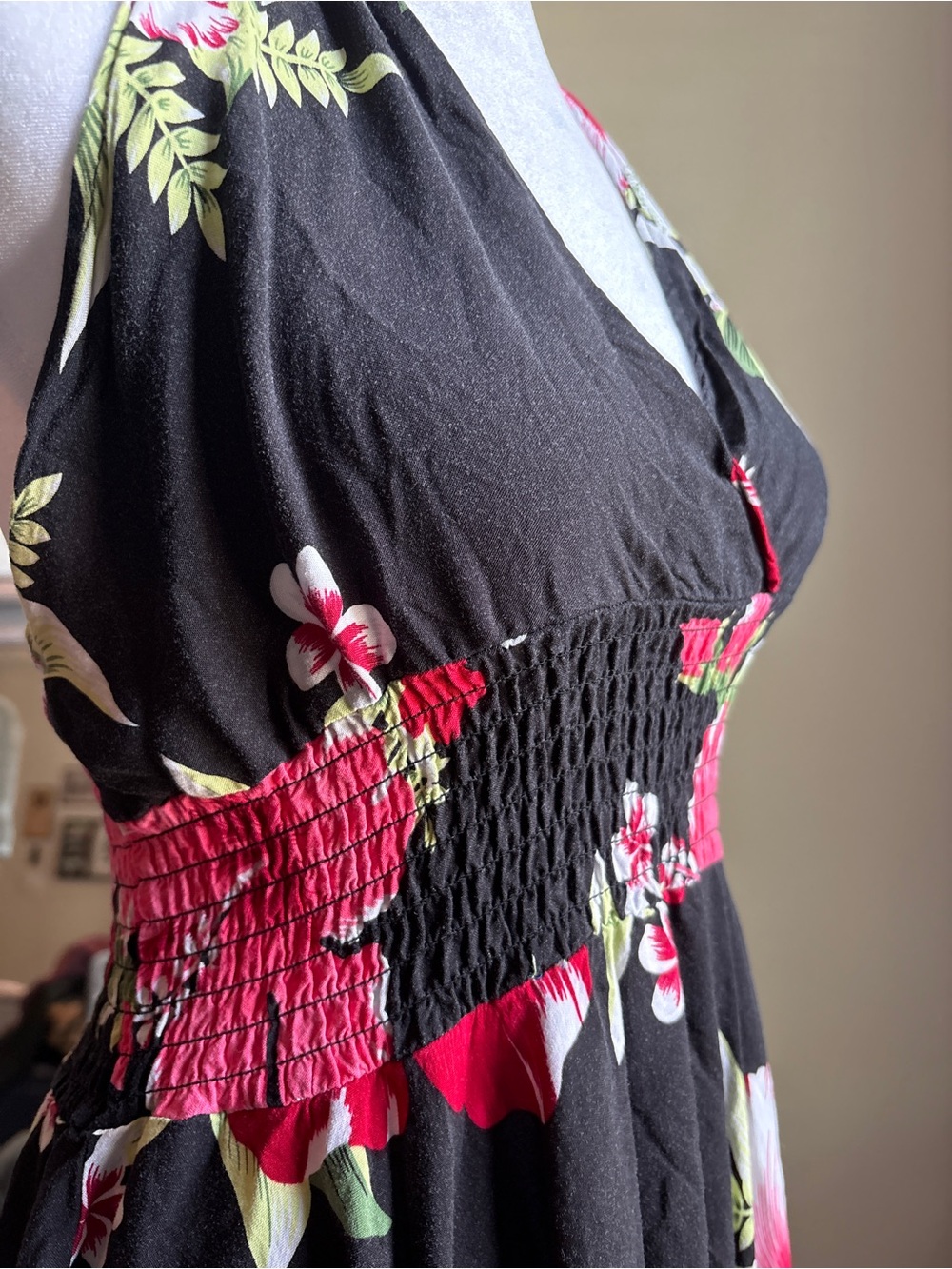 Halter handkerchief hem Floral Dress in Black with Pink Hibiscus - Picture 6 of 7